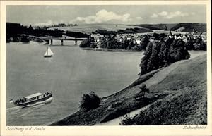 Bild des Verkufers fr Ansichtskarte / Postkarte Saalburg Ebersdorf in Thringen, Blick vom Fluss auf die Stadt, Boote zum Verkauf von akpool GmbH