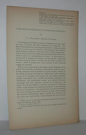 Bild des Verkufers fr A RELATION OF PHYSIOLOGY TO THE SOCIAL SCIENCES Offprint for Members of the Fifth International Congress for the Unity of Science zum Verkauf von Evolving Lens Bookseller