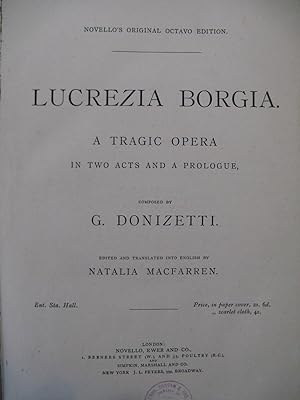 Immagine del venditore per DONIZETTI G. Lucrezia Borgia English Opra Chant Piano ca1895 venduto da partitions-anciennes