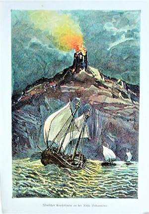 Antique Chromolithograph. Beacon Fire Off the Coast of Britain