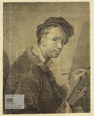 William Hogarth. Selbstporträt des Malers vor seiner Staffelei. Kreidelithographie mit Tonplatte ...