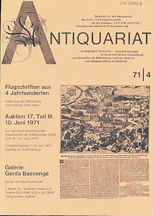 Bild des Verkufers fr Antiquariat 71/4. Zeitschrift fr alle Fachgebiete des Buch-und Kunstantiquariats mit Beilagen Der Bibliophile Internationale Zeitschrift fr Bcherfreunde, Kommende Bcher. zum Verkauf von Fundus-Online GbR Borkert Schwarz Zerfa