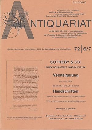 Bild des Verkufers fr Antiquariat 72 6/7. Zeitschrift fr alle Fachgebiete des Buch-und Kunstantiquariats mit Beilagen Der Bibliophile Internationale Zeitschrift fr Bcherfreunde, Kommende Bcher. zum Verkauf von Fundus-Online GbR Borkert Schwarz Zerfa