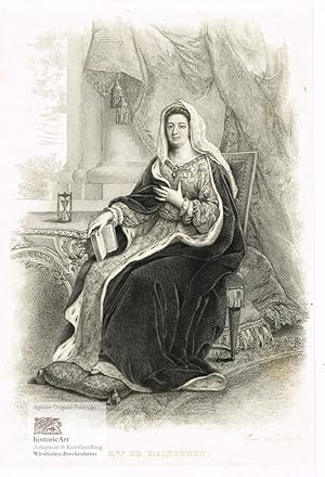 Madame de Maintenon. Ganzfigur mit Pelzumhang, Buch und Stundenglas in einem Sessel sitzend. Radi...