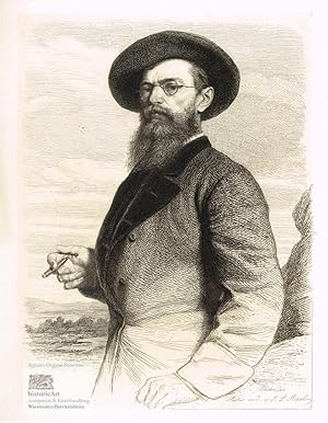 Lenbach. Hüftbild des Münchener "Malerfürsten" mit Hut, Brille und Vollbart, in der Hand eine Zig...
