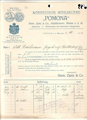 Seller image for Rechnungsaufstellung inkl. Schreiben ber offene Rechnung POMONA Herm. Opitz & Co. Rinteln a.d. Weser 1917 Norddeutsche Apfelkelterei for sale by GAENSAN Versandantiquariat