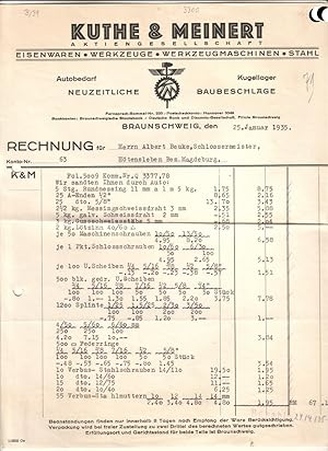 Rechnung Kuthe & Meinert AG Braunschweig 1935 Eisenwaren Werkzeuge Werkzeugmaschinen Stahl