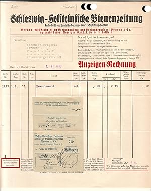 Bild des Verkufers fr Rechnung/Anzeigen-Rechnung Schleswig-Holsteinische Bienenzeitung aus Heide i. Holst 1938 zum Verkauf von GAENSAN Versandantiquariat