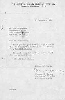 Seller image for Signed letter from Eleanor M. Garvey of Harvard University to Thomas Goldwasser of Serendipity Books. for sale by Wittenborn Art Books