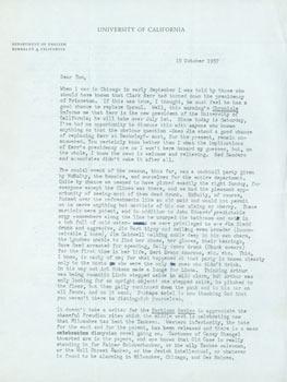 TLS Lawrence A. Harper to Thomas Parkinson, October 19, 1957. RE: Partisan Review, Clark Kerr, Ma...