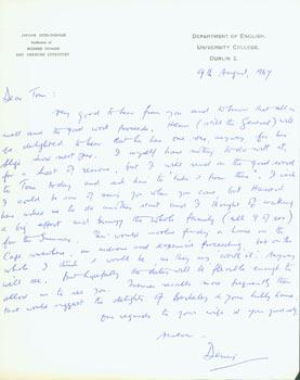 ALS Denis Donoghue to Thomas Parkinson, August 9, 1967.