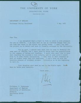 TLS Philip Brockbank to Thomas Parkinson, May 4, 1967. RE: arranging guest lecturer program two y...