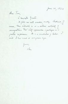 ALS B. H. Lehman to Thomas Parkinson, June 4, 1964. RE: Yeats.