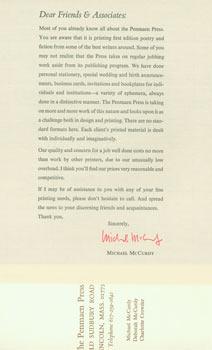 Design and Printing Services from Penmaen Press. Form letter signed by Michael McCurdy.
