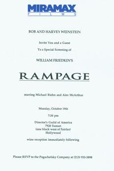 Bild des Verkufers fr Bob and Harvey Weinstein Invite You and a Guest to a Special Screening of William Friedkin's Rampage. zum Verkauf von Wittenborn Art Books