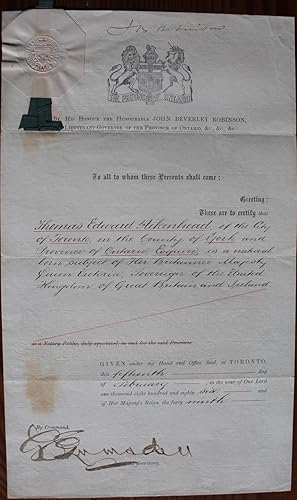 Seller image for Thomas Edward Aikenhead legal / reference document from Lieutenant Governor of Ontario John Beverley Robinson for sale by Lord Durham Rare Books (IOBA)