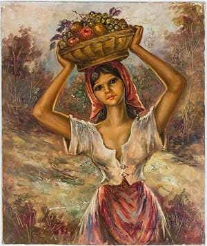 Lucini - Signed 20th Century Oil, Woman with Basket of Fruit