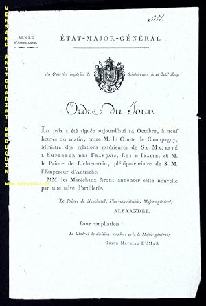 Bild des Verkufers fr Ordre du Jour vom Tag des Friedens von Schnbrunn. zum Verkauf von Antiquariat Bebuquin (Alexander Zimmeck)