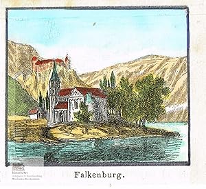 Image du vendeur pour Falkenburg. Malerische Ansicht der Falkenburg mit Kirche am Rheinufer. Altgouachierte Radierung um 1860 mis en vente par historicArt Antiquariat & Kunsthandlung