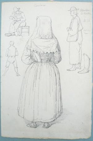 Seller image for Studienblatt zu Trachten und einem Mann bei seiner Arbeit (italinische Campagna und Krnten). Bleistift. for sale by Antiquariat Joachim Lhrs