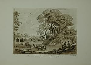 Seller image for Landscape. From the original drawing in the collection of the Duke of Devonshire: A Herdmans seated conversing with a shepherdess. Three Oxen in a River, and others with Goats on its Margin. Aquatinta-Radierung in Sepia von Richard Earlom. for sale by Antiquariat  Braun