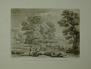 Seller image for Landscape. From the original drawing in the collection of the Duke of Devonshire: A Shepherdess listening to a piping Herdsman. Four Oxen are in a adjacent pound and three others near a clump of trees. Aquatinta-Radierung in Sepia von Richard Earlom. for sale by Antiquariat  Braun