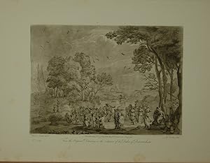 Seller image for Landscape. From the original drawing in the collection of the Duke of Devonshire: The Israelites worshipping the Molten Calf. The subject is represented in the foreground of a hilly and richly wooded Landscape. Aquatinta-Radierung in Sepia von Richard Earlom. for sale by Antiquariat  Braun