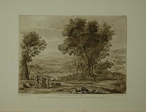 Seller image for Landscape. From the original drawing in the collection of the Duke of Devonshire: Jacob with Laban, Rachel and Leah. Peasants watching Cattle grazing near a river. Aquatinta-Radierung in Sepia von Richard Earlom. for sale by Antiquariat  Braun