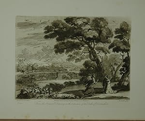 Seller image for Landscape. From the original drawing in the collection of the Duke of Devonshire: The Angel appearing to Hagar, the letter is kneeling, and the former points to a distant Town. Aquatinta-Radierung in Sepia von Richard Earlom. for sale by Antiquariat  Braun