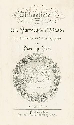 Bild des Verkufers fr Minnelieder aus dem Schwbischen Zeitalter neu bearbeitet und hrsg. von Ludwig Tieck. XXX, 284 S., 1 Bl. Mit gestoch. Titel mit Vignette, 2 rad. Vignetten und 2 Kupfertafeln nach Philipp Otto Runge. Hbscher lachsroter Pappbd d. Z. mit Rckentitel und dezenter Rckenvergoldung. zum Verkauf von Antiquariat Wolfgang Braecklein