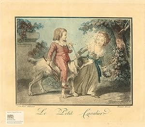 Image du vendeur pour Le Petit Cavalier. Mdchen und Junge reiten auf einem Hund im Garten. Farbige Lithographie in Crayonmanier von Bonnet nach Huet um 1780 mis en vente par historicArt Antiquariat & Kunsthandlung