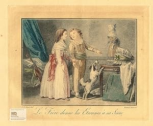 Image du vendeur pour Le Frre donne les Etrennes  sa Soeur. Bruder berreicht seiner Schwester die Neujahrsgeschenke. Farbige Lithographie in Crayonmanier von Bonnet nach Huet um 1780 mis en vente par historicArt Antiquariat & Kunsthandlung