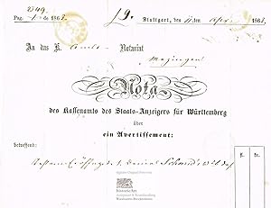 Staats-Anzeiger für Württemberg. Nota (Rechnung) für eine Anzeige zur Testamentseröffnung von Dan...