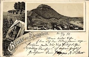 Vorläufer Litho Königstein an der Elbe Sächsische Schweiz, Brunnen, Ortschaft mit Landschaftsblick