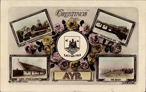 Seller image for Prge Wappen Ansichtskarte / Postkarte Ayr Schottland, Burns Monument and Cottage, Tea Gardens Alloway, Beach, Bridge for sale by akpool GmbH