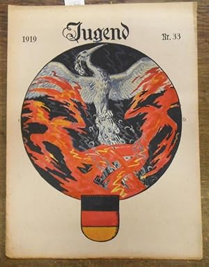 Immagine del venditore per JUGEND Nr. 33 - 1919. Aus dem Inhalt: G. Hildebrandt-Schneevoigt - Gckele / R. Schebuseff - Der geheimnisvolle Anbeter / F. Reuting - Was em ad'm getraamt hot. venduto da Antiquariat Carl Wegner