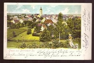 Ansichtskarte AK Gruss aus Bernstadt i. Sachsen. (Totalansicht, mit vornehmer Dame rechts)