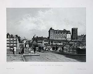 Bild des Verkufers fr Chateau de Pau et Pont de Jurancon" - Pont de Jurancon France Frankreich Pyrenees Lithographie Litho Ciceri zum Verkauf von Antiquariat Steffen Vlkel GmbH