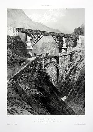 Bild des Verkufers fr Le Pont de Sia, Gavarnie" - Pont de Sia Gavarnie France Frankreich Pyrenees Lithographie Litho Ciceri zum Verkauf von Antiquariat Steffen Vlkel GmbH