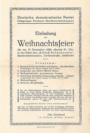 Einladung zur Weihnachtsfeier die am 17.Dezember 1929, abends 8 1/2 Uhr, in der Diele des " Schlo...