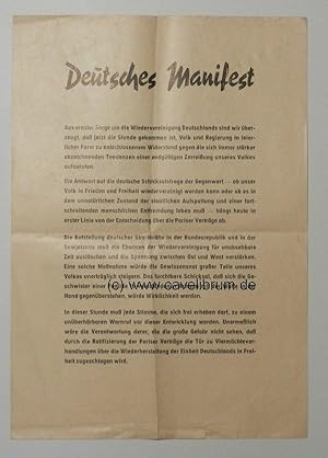 Deutsches Manifest. Aus ernster Sorge um die Wiedervereinigung Deutschlands. Orig. Din A4 Flugbla...