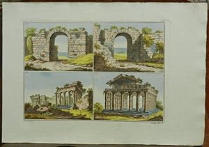 Immagine del venditore per Altkolorierter Kupferstich von zwei antiken Tempeln (griechisch oder rmisch) sowie von zwei Stadttoren, jeweils als Teilruine. Tafel N, Einzelblatt auf Btten (mit Wasserzeichen) gedruckt aus: "Versuch ber das Kostm." bzw. "Tableau historique des costumes.". 1 Theil, Antike, Tom. I. venduto da Antiquariat Dr. Lorenz Kristen