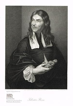 Bild des Verk�ufers f�r Salvator Rosa. Halbfigur mit wallendem Haar en face. Stahlstich von Payne nach dem Gem�lde im K�niglichen Museum in Berlin um 1850 zum Verkauf von historicArt Antiquariat & Kunsthandlung