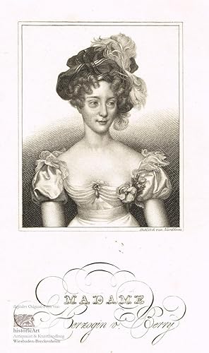 Madame Herzogin v. Berry. Halbfigur mit Federhut en face. Stahlstich von Nordheim um 1840