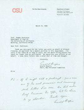 TLS Arnold Shapiro to Thomas Parkinson, March 14, 1985. RE: evaluation of Professor Richard J. Fi...