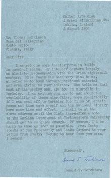 TLS Donald T. Torchiana to Thomas Parkinson, August 4, 1958. RE: Yeats.