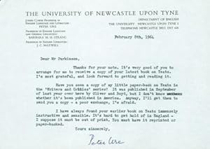 TLS Peter Ure to Thomas Parkinson, February 8, 1964. RE: Yeats.