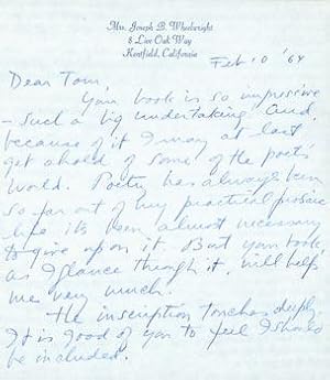 Seller image for ALS Wheelwright to Thomas Parkinson, February 10, 1964. for sale by Wittenborn Art Books