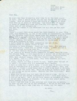 TLS Tom Collins to Thomas Parkinson, October 29, [ca. 1975?]. RE: Ransom, Tate, New Criticism, ac...