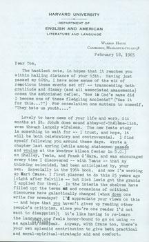 TLS Warner Berthoff to Thomas Parkinson, February 18, 1985. RE: Hart Crane, Shelley, Yeats, Melvi...